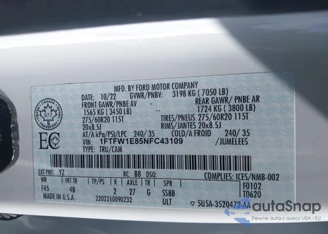 2022 Ford F-150 Xlt из США, поврежденный, VIN 1FTFW1E85NFC43109